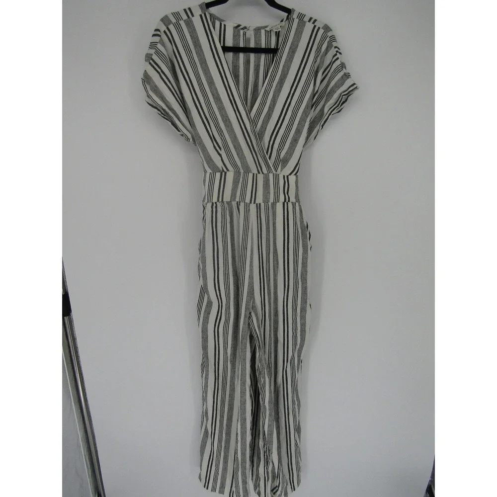 American Eagle Jumpsuit‎ Medium White Black Striped Linen Wide Leg Breathable